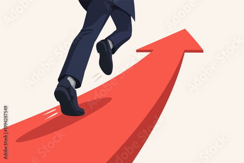 Businessman running up a red arrow, making business progress and achieving success, reaching growth goals