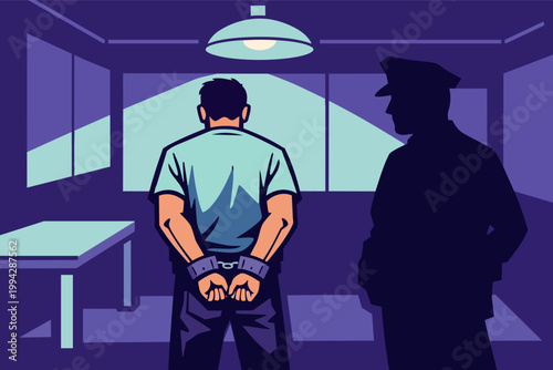 Detainee standing handcuffed with police officer in interrogation room, facing legal consequences and justice