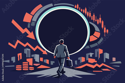 Businessman walking into a financial crisis entering recession, observing falling stock market data and economic decline