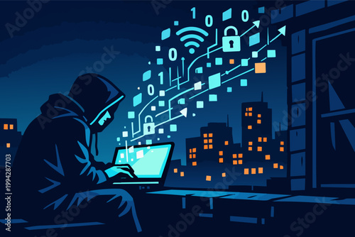 Hacker accessing digital information on laptop, creating a cybersecurity threat in urban night cityscape