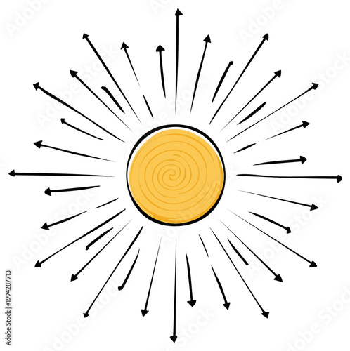 Hand-drawn sunburst illustration with black radiating lines creating a burst of sunshine and warmth, bringing a radiant glow