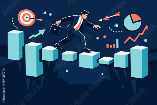 Businessman achieving target, stepping up bar charts, moving toward success and business growth journey with data analysis