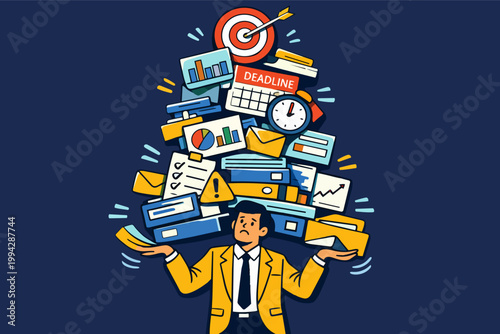 Businessman dealing with overwhelming workload, balancing many tasks, business pressure and stress, working under deadline
