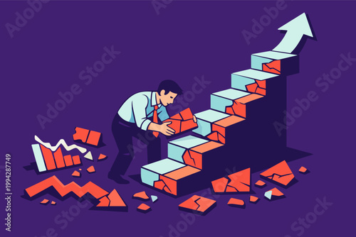 Businessman rebuilding broken economic steps, overcoming challenges, resilience in career growth, and achieving success
