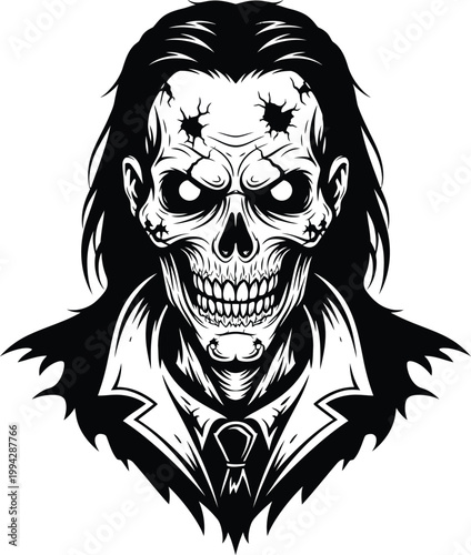 Black and white of a zombie skull with long hair wearing a suit and tie