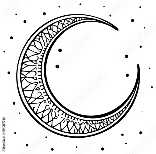 Crescent Moon Hand Drawn Illustration with Stars, Celestial Body, Night Sky