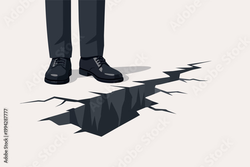 Person standing at edge of deep crack, facing financial crisis, business uncertainty, and danger of downfall
