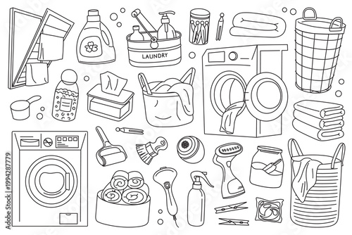 Laundry black and white clipart set, outline washing machines, detergents, fabric softeners, dryers, clothespins, laundry baskets, lint removers. Clothes care line art vector illustration