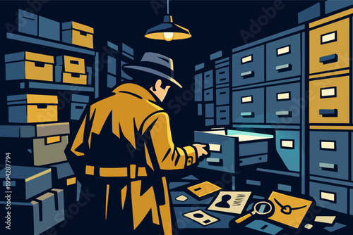 Detective searching through old confidential files in dark archive room, investigating mystery or crime records