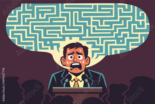 Public speaking fear creating confusion and anxiety in a businessman giving a speech, struggling with stage fright symptoms
