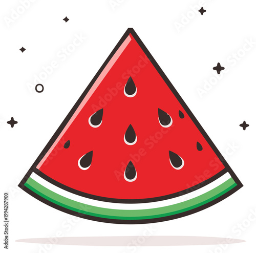 Isolated watermelon slice illustration featuring refreshing red flesh and dark seeds. Summer fruit icon.