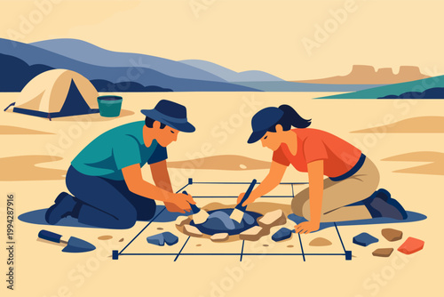 Archeologists excavating desert site carefully searching for ancient artifacts