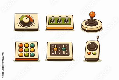 Retro control panel elements with joysticks, sliders, dials, and switches icons
