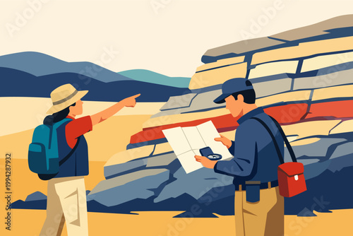 Geologists exploring rock strata, using map and compass for field research