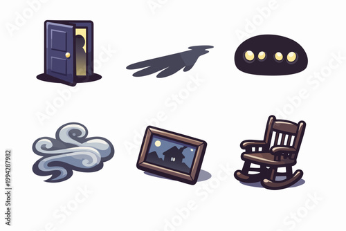 Spooky elements set for horror games, featuring haunted house, ghost shadow, and old rocking chair