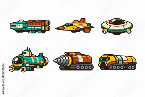 Futuristic cartoon vehicles set including spacecraft, ufo, submarine and drill machine