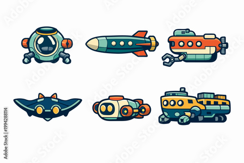 Water vehicle collection exploring underwater, diving, and ocean exploration concepts