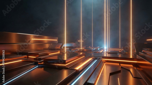 Futuristic city highway at night with glowing neon lights and sleek metallic roads Generative AI