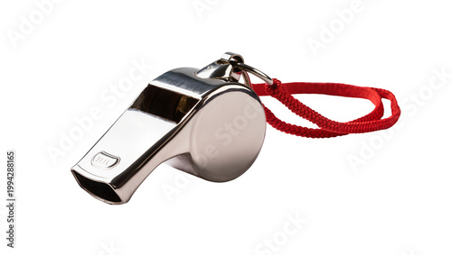 Konstfotografi Silver metal referee whistle with red lanyard and metal chain
