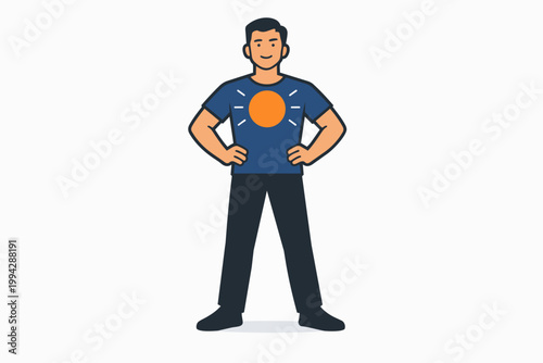 Man feeling positive and confident, standing in a superhero pose with sun symbol