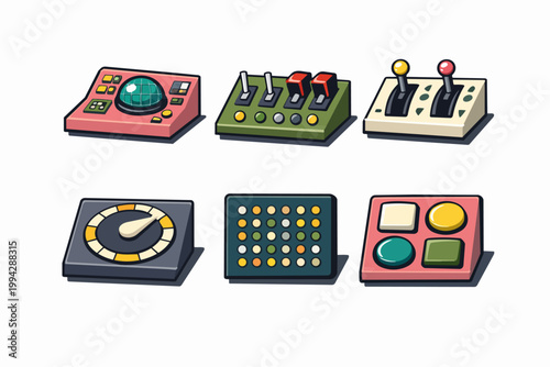 Retro control panels offering a vintage dashboard interface featuring switches, levers, and buttons