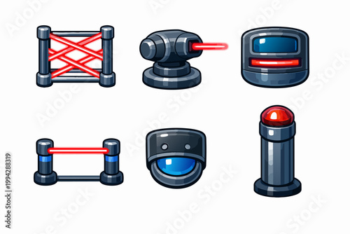 Laser security system icons for game assets and high-tech defense obstacles
