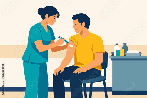 Nurse injecting vaccine to man ensuring immunity and public health prevention