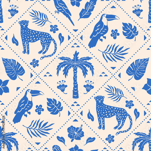 Photography Tropical boho seamless pattern with palm tree, bird, leopard, flowers and leaves