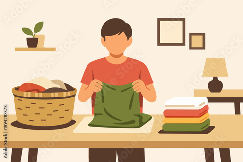 Man folding clean laundry, organizing clothes, doing household chores at home