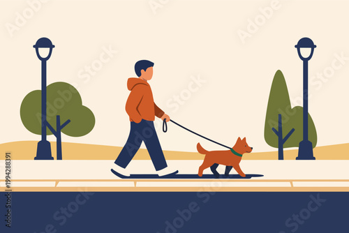 Person walking dog on leash in public park, showing companionship and relaxation