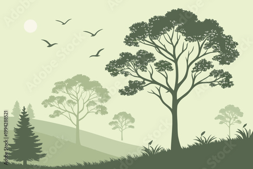 Minimal flat forest with trees, birds, and soft green tones.