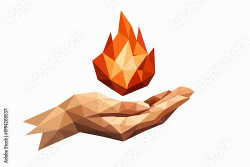 Hand using a low poly geometric style, holding a fire flame symbol