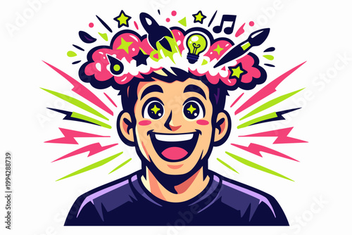 Man having great idea, creative brainstorm explosion, finding inspiration