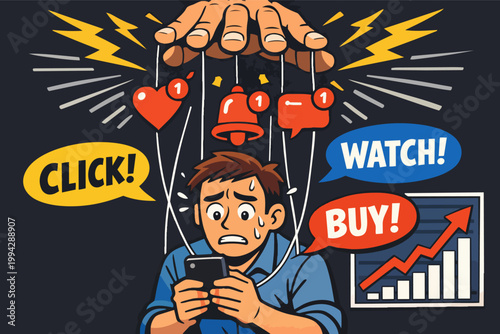 Man controlled by social media addiction and digital manipulation strings