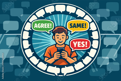 Man receiving positive feedback in an echo chamber online on social media