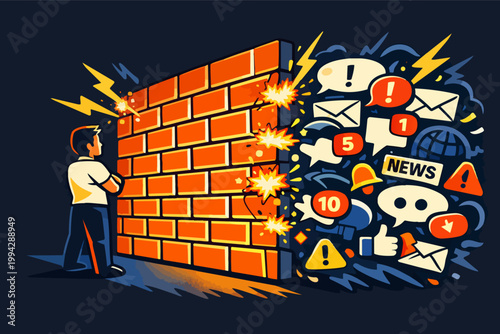 Person standing behind a brick wall blocking internet information and social media