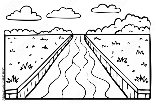 Cartoon Drawing of a River Landscape with Bushes and Clouds