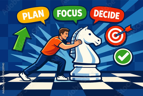 Business strategist moving chess knight piece, planning and achieving goals