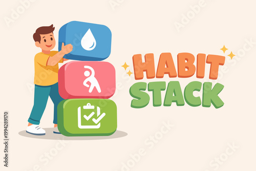 Young man building good habits, stacking icons for healthy lifestyle and productivity