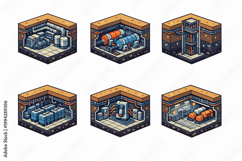 Obraz premium Isometric pixel art underground facility rooms set with server and mechanical systems