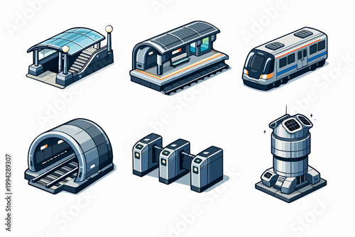 Isometric subway urban transport set featuring station elements and train