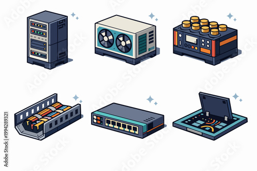 Data center hardware components icon set for network and server infrastructure