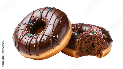 Billede på lærred Chocolate frosted donut with sprinkles and visible crumb texture