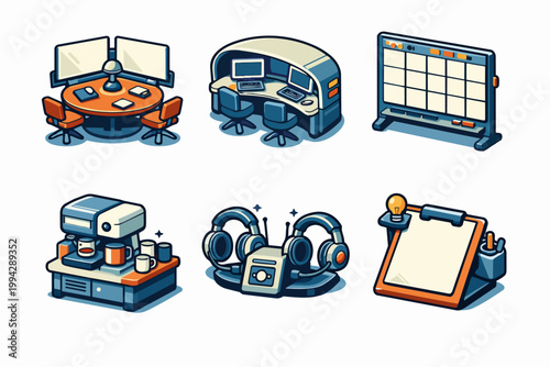 Collection of modern isometric icons representing essential office and creative workspace elements