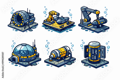 Underwater base structures set, futuristic ocean exploration facility modules