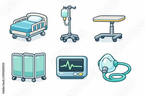 Medical equipment set including hospital bed, iv drip, monitor, oxygen mask, and screen