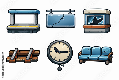 Abandoned train station items for game design: broken ticket booth, platform, rail, clock, and bench