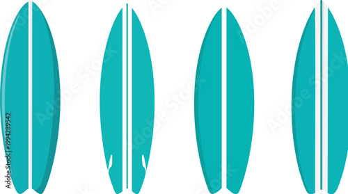 Minimalist turquoise surfboard vector set, collection of four teal surfing boards with white stripes, modern flat beach equipment icons