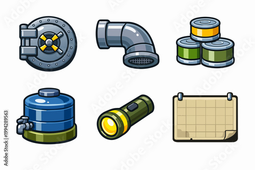 Survival game icons set with vault door, pipe, water tank, flashlight and canned food