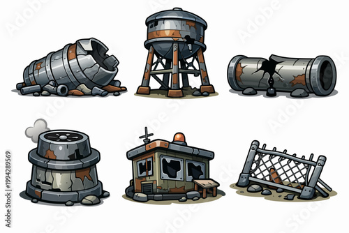 Post-apocalyptic cartoon game assets representing ruined industrial debris and abandoned structures